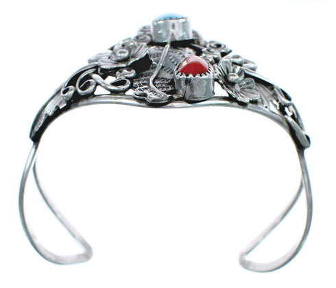 Genuine Sterling Silver Flower And Leaf Navajo Turquoise Coral Cuff Bracelet AX123828